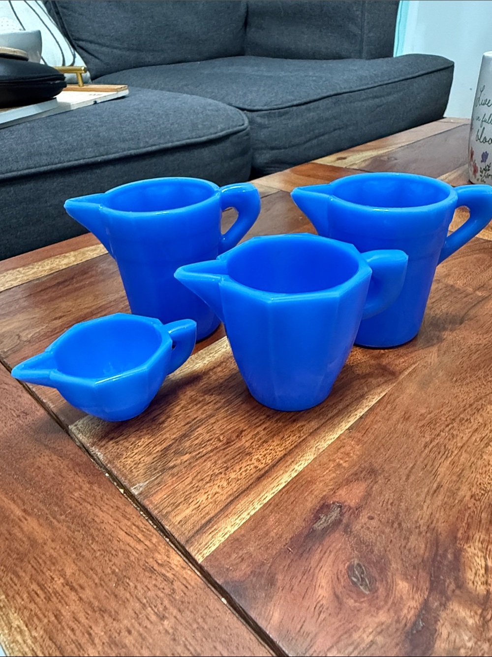 Akro Agate Children's Dishes 4 piece Blue Creamer and Pitchers Set